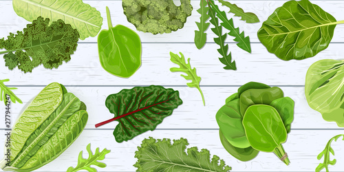 Dark green leafy vegetables seamless vector pattern on white wooden shabby desk. for decoration