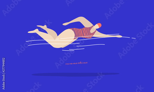 Young woman fast swimming in a striped swimsuit on a blue background. Types of swimming-crawl on the chest. Vector illustration in trendy flat style.
