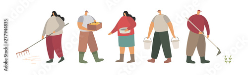 Recruitment of people engaged in agricultural activities. Village daily work. People with the attributes of rural labor. Ecotourism. Trendy flat vector illustration.