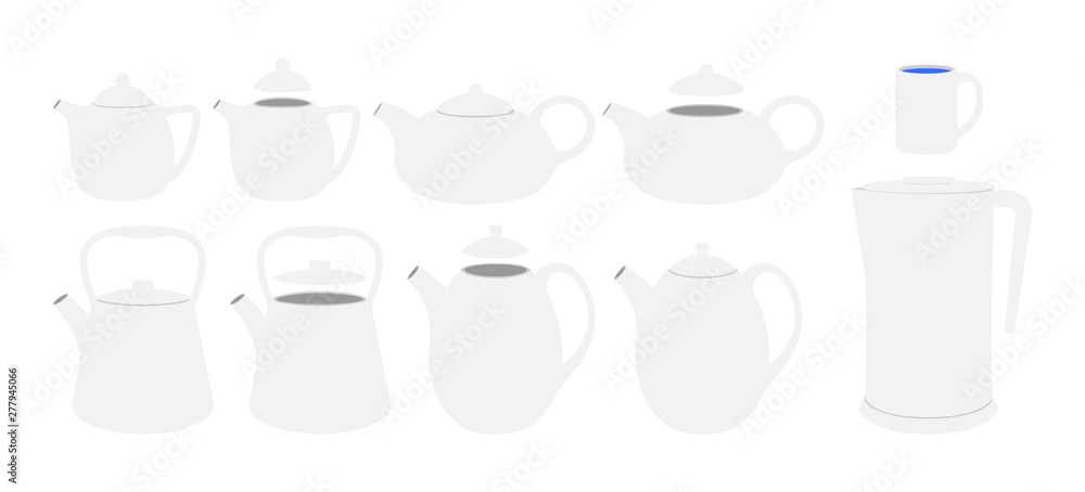 White teapots set. Vector flat kettels illustration. White teapots set. Vector flat kettels illustration.