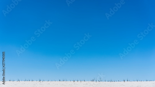 Stark ridge of beach dune with sparse grass beneath bright blue sky photo