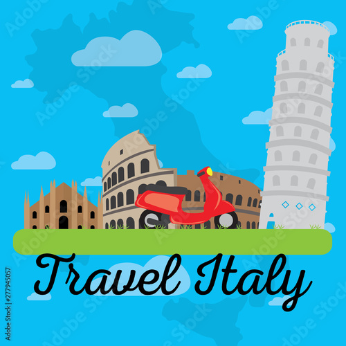 Colored landscape with different famous places in Italy. Travel to Italy - Vector