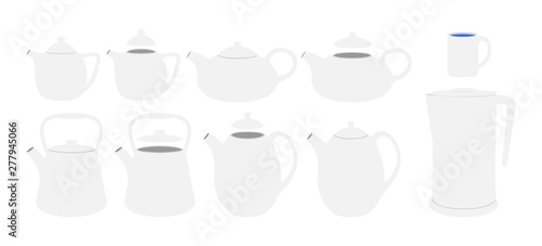 White teapots set. Vector flat kettels illustration.