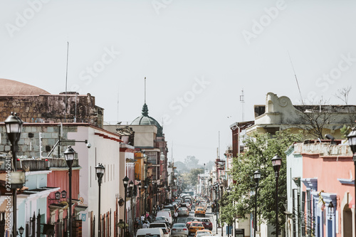 colorful city street skyline in center of oaxaca city mexico