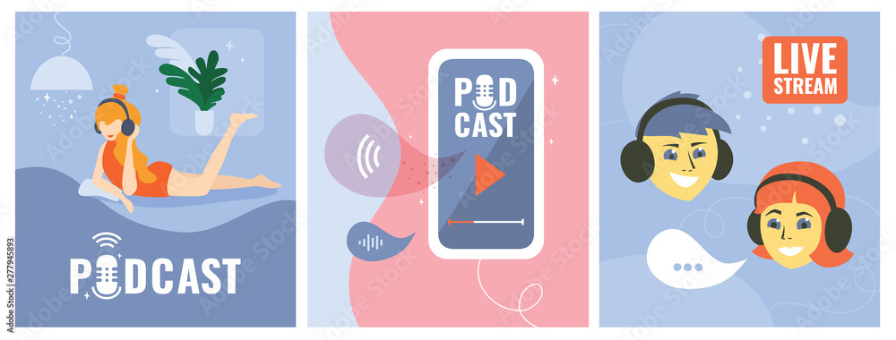 Set of vector illustrations with smartphone and logo Podcast on the screen,bloggers, studio table microphone,live stream, boy and girl in headphones. Templates for web page, banner, blog post, prints.