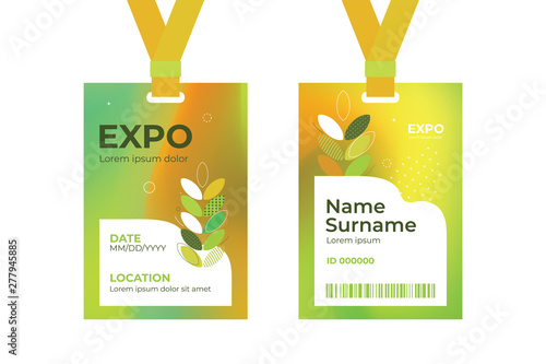 Vector template of  ID card with strap. Abstract illustration for identity card. Design with bright gradient and geometric figures for exhibition or business conference. Two sided authentication pass.