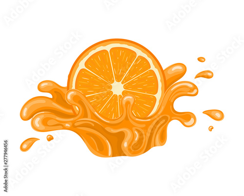 Orange juice splash isolated on white background. Sweet food. Organic fruit. Vector illustration for any design.