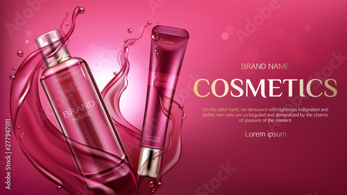 Cosmetic bottles mock up, beauty skin care cosmetics product cream and spray tubes on water splash background with drops. Package design mockup promo poster Realistic 3d vector illustration, ad banner