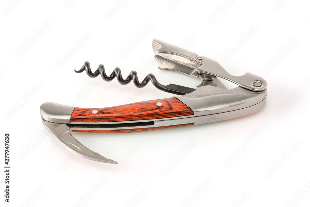 Sommelier knife with corkscrew and bottle opener unfolded, professionsl waiter knife, close up macro. Sommelier knife with corkscrew and bottle opener unfolded, professionsl waiter knife, close up macro.