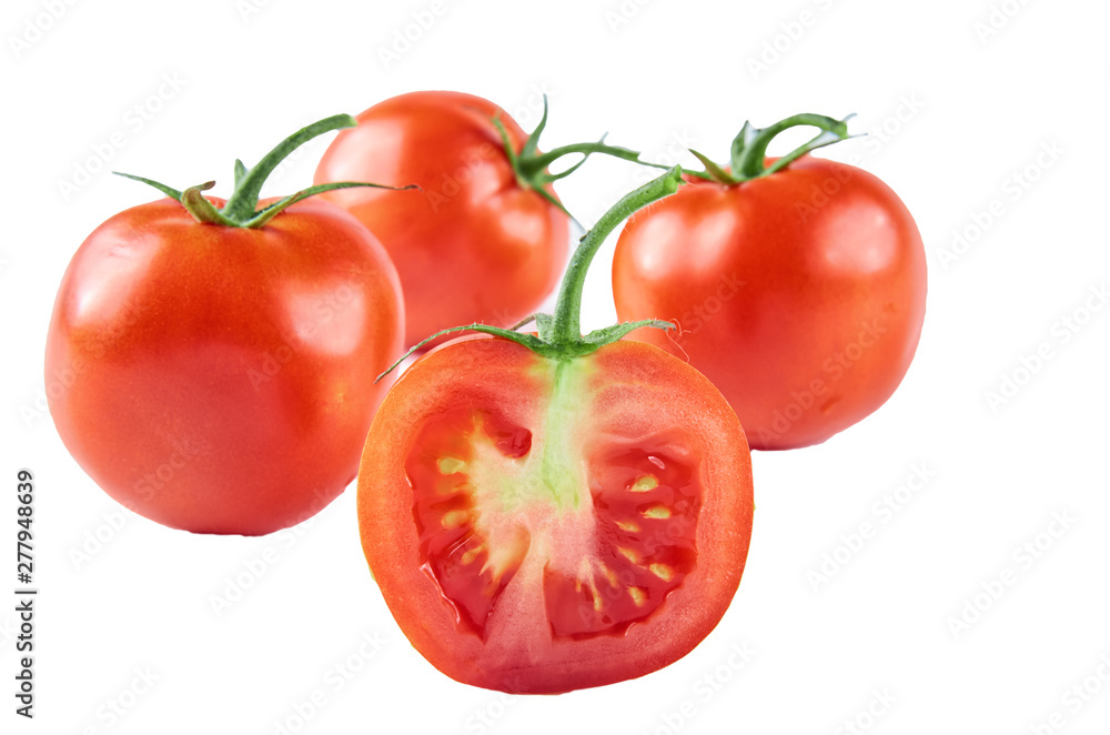 Fresh sliced tomatoes isolated on white background. Background of organic food. Fresh sliced tomatoes isolated on white background. Background of organic food.