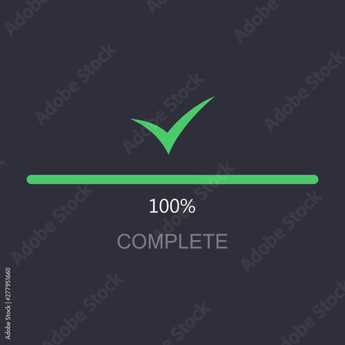 Load completed progress.Indicator for loading progress with checkmark.Icon for web interfaces.