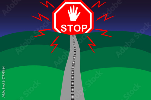 A stop sign with lightning instead of sun at the end of a path through hills
