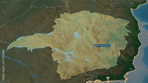 Minas Gerais - state of Brazil with its capital zoomed on the physical map of the globe. Animation 3D