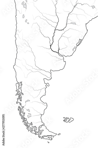 World Map of PATAGONIA in SOUTH AMERICA: Argentina, Chile, Paraguay, Uruguay, Patagonia, Pampa, Andes, Cordilleras, Paraná River. Geographic chart of continent with rivers and oceanic coastline.