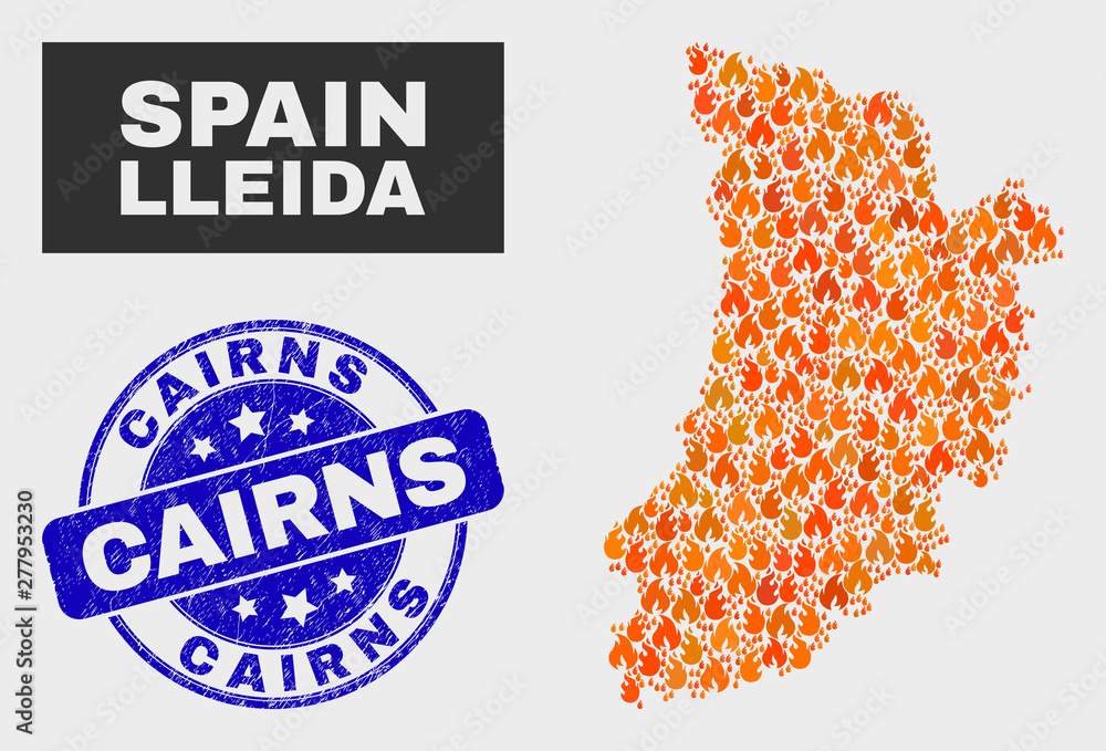 Vector collage of flame Lleida Province map and blue round scratched Cairns seal. Fiery Lleida Province map mosaic of flame elements. Vector collage for safety services, and Cairns seal stamp.
