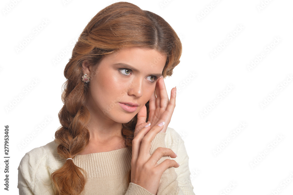 portrait of beautiful woman with braids isolated on white background