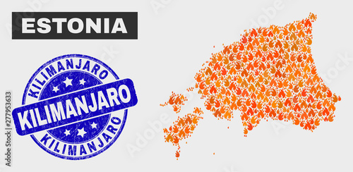 Vector collage of wildfire Estonia map and blue rounded distress Kilimanjaro stamp. Orange Estonia map mosaic of fire symbols. Vector collage for insurance services, and Kilimanjaro stamp.
