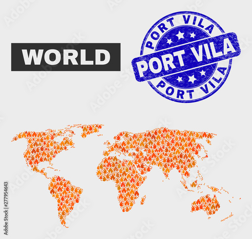 Vector collage of burn world map and blue round grunge Port Vila seal stamp. Fiery world map mosaic of flame items. Vector collage for safety services, and Port Vila watermark.