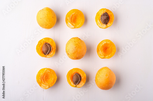 Apricot fruits sliced copy space frame concept white background flat lay top view set collection