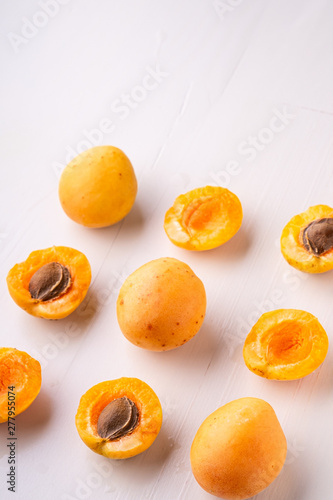 Apricot fruits sliced copy space frame concept white background angle view set collection