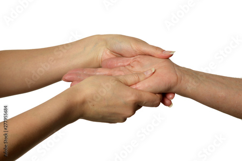 Woman holding adult daughters hands on white background © aletia2011