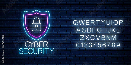 Cyber security glowing neon sign with alphabet. Internet protection symbol with shield and padlock.