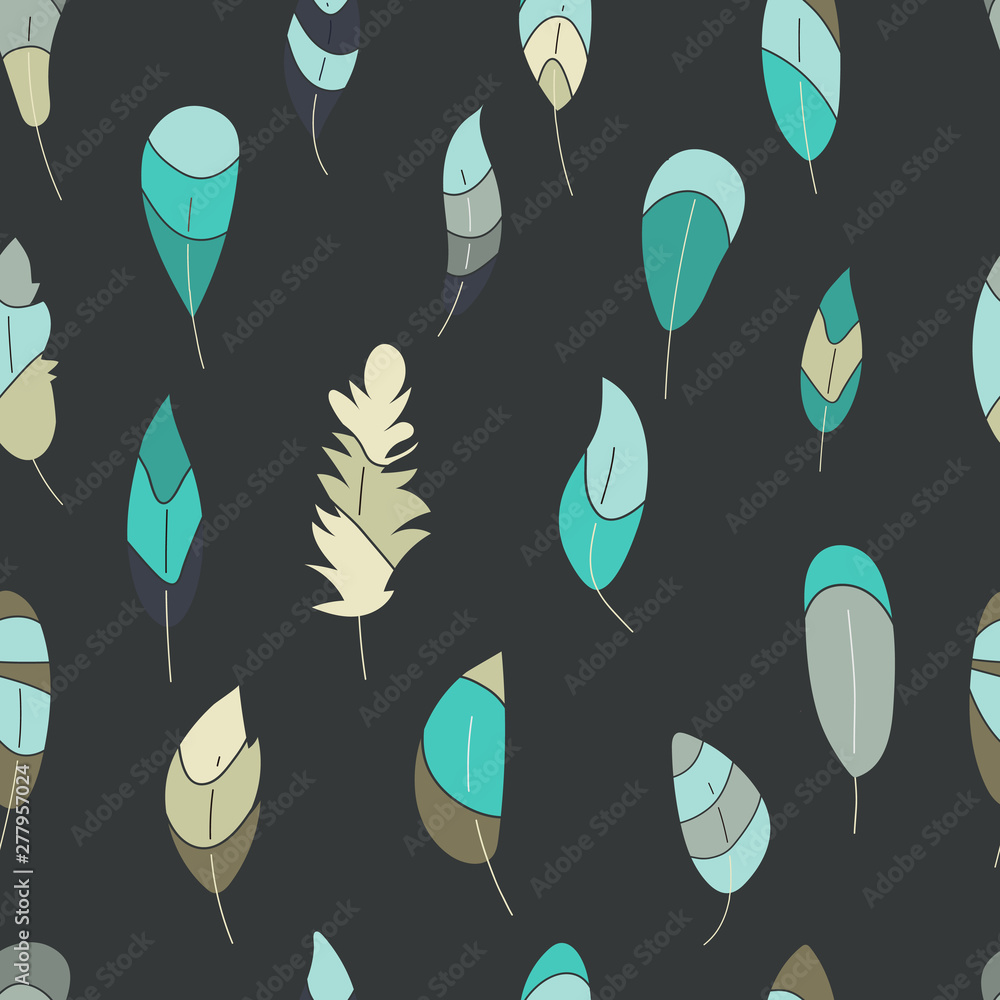 Fototapeta premium Vector seamless pattern with feathers. Stylish print,texture,background. Soft nature colors. Turquoise hand drawn elements