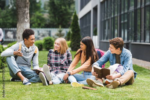 Smiling teenagers sitting on grass, talking and holding books photo