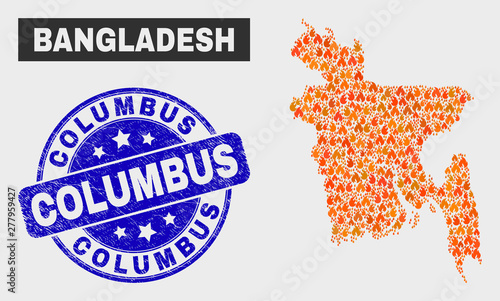 Vector composition of flame Bangladesh map and blue round textured Columbus seal. Orange Bangladesh map mosaic of flame elements. Vector composition for fire protection services, and Columbus seal.
