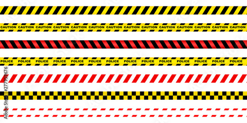 Seamless prohibiting ribbon red-white, red-black, yellow-black. Caution line tapes, vector illustration