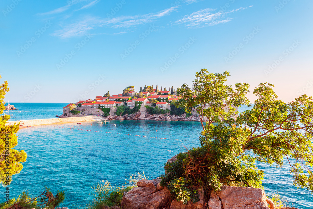 Picturesque summer view to the Sveti Stefan island, luxury resort on the Adriatic sea coast in Montenegro