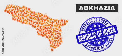 Vector composition of fire Abkhazia map and blue round grunge Republic of Korea seal. Orange Abkhazia map mosaic of fire symbols. Vector collage for emergency services, and Republic of Korea overlay.