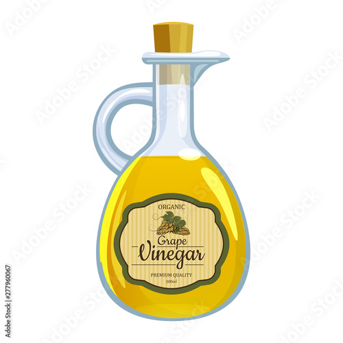 Balsamic vinegar in glass bottle, bunch of dark grapes isolated on white background. Vector illustration of traditional Italian seasoning in cartoon flat style.