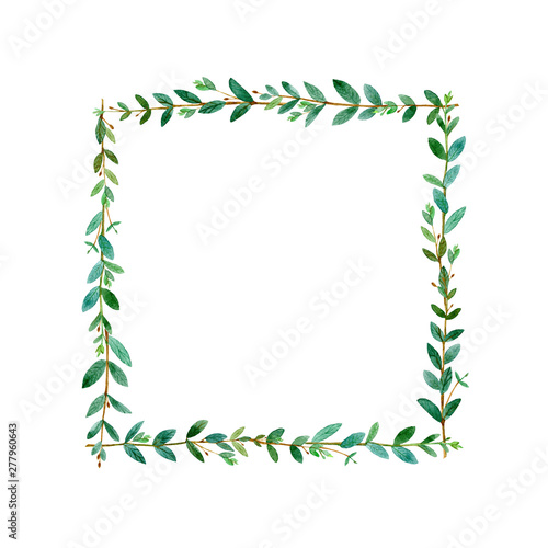 Floral square wreath.Garland with eucalyptus branches.Watercolor hand drawn illustration.It can be used for greeting cards, posters, wedding cards.White background.
