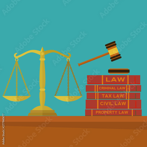 Law and justice with gavel, scales and law books vector concept