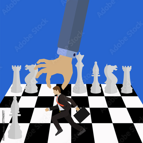 Management vector concept of the boss moving an employee on a chess board with white chess pieces