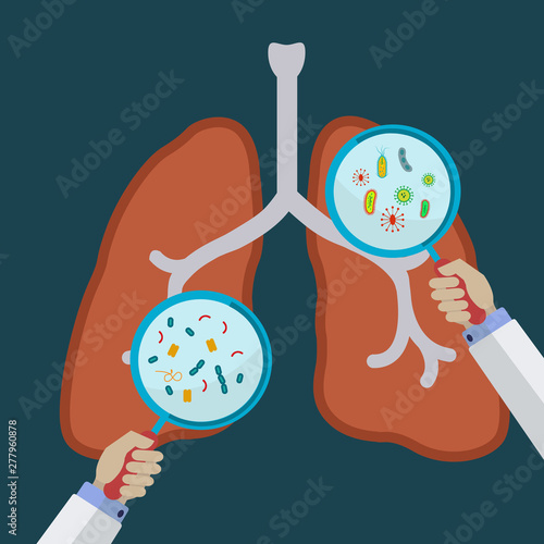 Human lungs with hands holding magnifying glass showing viruses and bacteria vector concept
