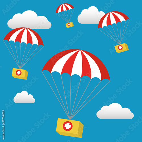 Medical Relief Supplies Air Drop With Parachutes Vector Illustration