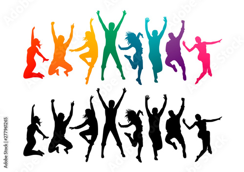Colorful happy group people jump vector illustration silhouette. Cheerful man and woman isolated. Jumping fun friends background. Expressive dance dancing, jazz, funk, hip-hop