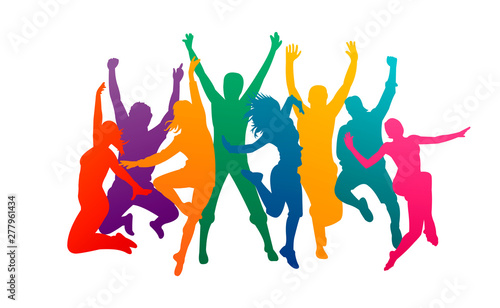 Colorful happy group people jump vector illustration silhouette. Cheerful man and woman isolated. Jumping fun friends background. Expressive dance dancing  jazz  funk  hip-hop