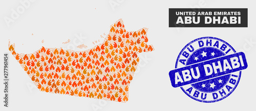 Vector composition of fire Abu Dhabi Emirate map and blue rounded textured Abu Dhabi watermark. Orange Abu Dhabi Emirate map mosaic of fire items. Vector combination for guard services,