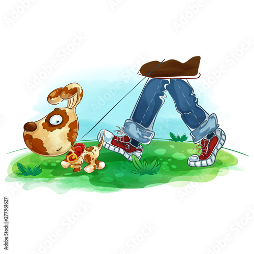 A man walks with a dog on the green grass. Vector cartoon character. Hand drawing and watercolor background.