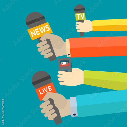 Journalism vector concept with hand holding microphones