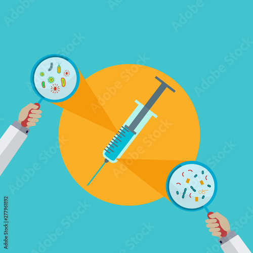 Vaccine shot with hands holding magnifying glass showing viruses and bacteria vector concept