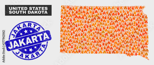 Vector composition of flamed South Dakota State map and blue rounded distress Jakarta seal stamp. Fiery South Dakota State map mosaic of wildfire symbols.