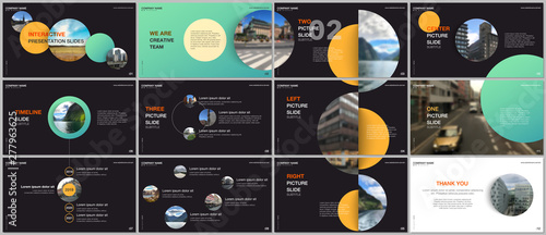 Minimal presentations design, portfolio vector templates with green colorful circle elements on black background. Multipurpose template for presentation slide, flyer leaflet, brochure cover, report.