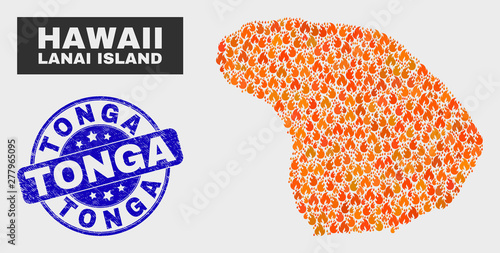 Vector collage of fired Lanai Island map and blue round textured Tonga seal. Fiery Lanai Island map mosaic of wildfire elements. Vector collage for insurance services, and Tonga seal stamp.