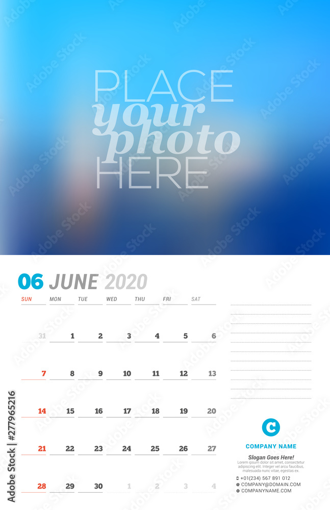 Naklejka premium Wall calendar planner template. Vector stationery design print template with place for photo