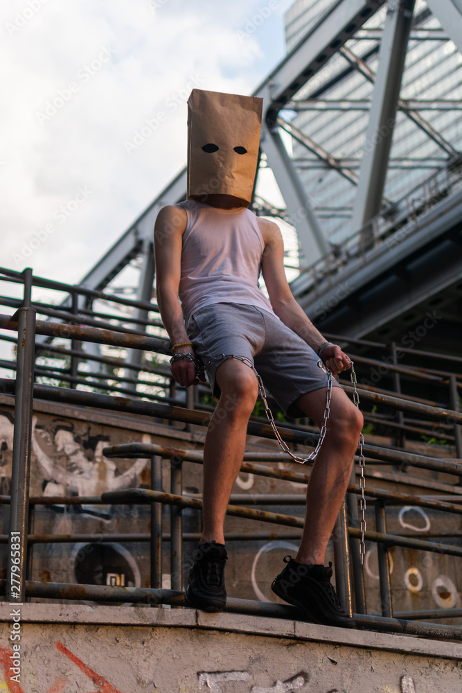 Man with a package on his head