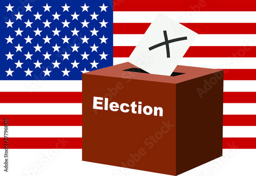 Election in United States of America. Voting ballot box. Envelope with a cross  and USA flag in background. Democracy concept.